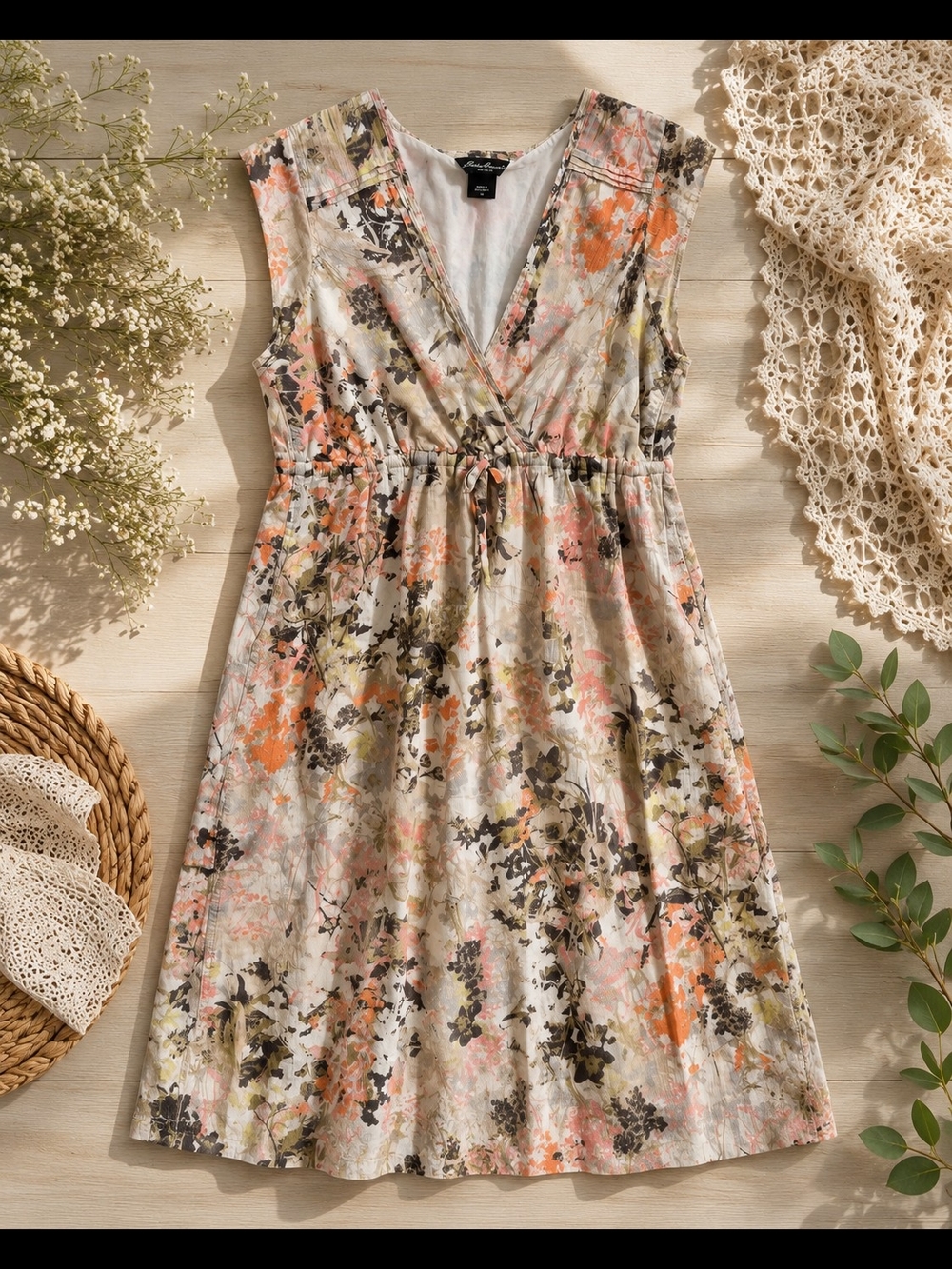 Eddie Bauer Floral Cotton Faux Wrap Dress Lined Size 10